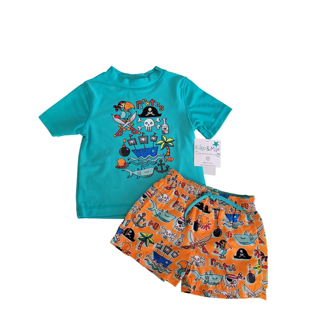 Kiko & Max Boys 3-6 months‎ Swim Trunks Rash Guard Shirt Set Outfit Pirate Shark